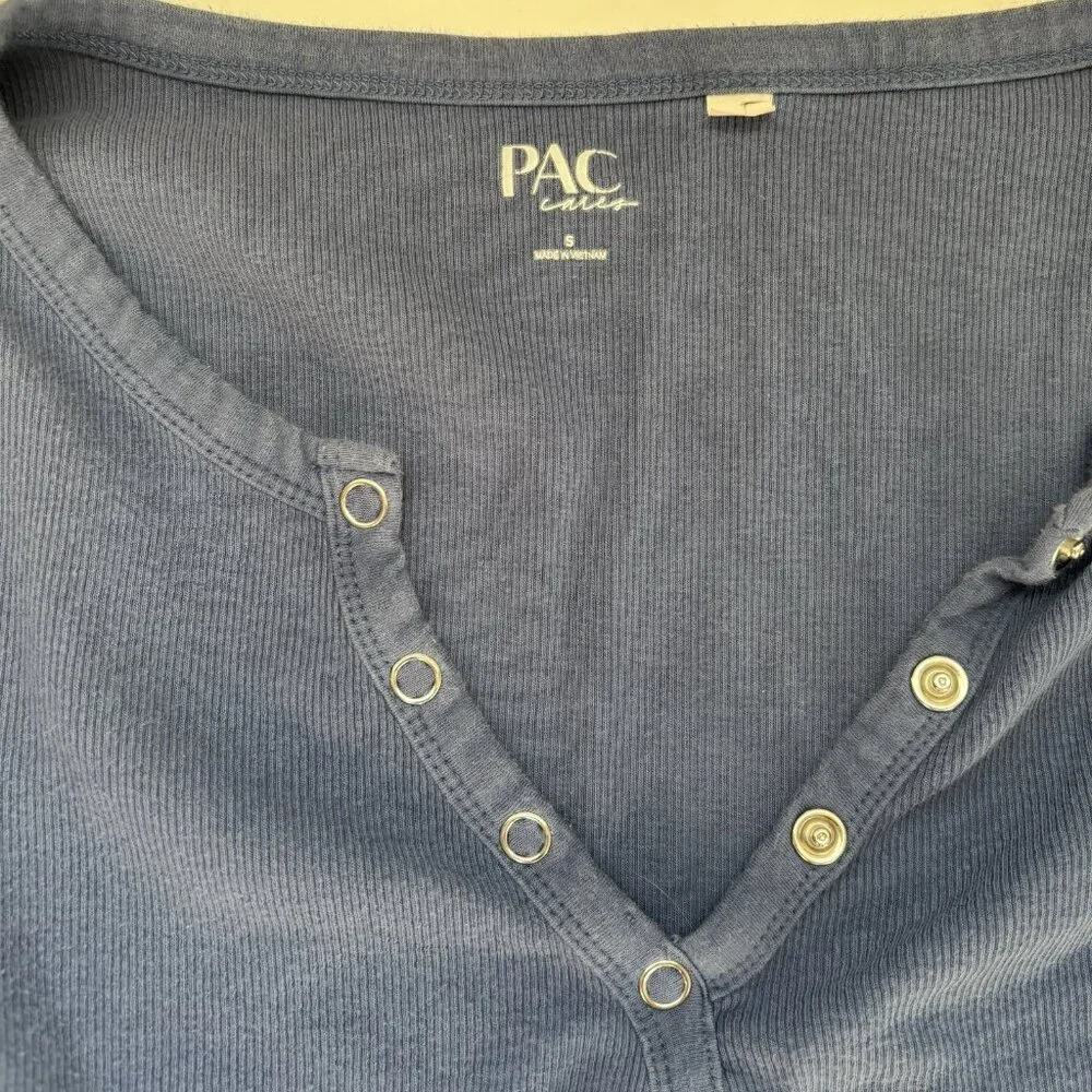 Y2K PAC Sun Blue Ribbed Snap Button Long Sleeve Crop Top Henley Shirt Sz Small